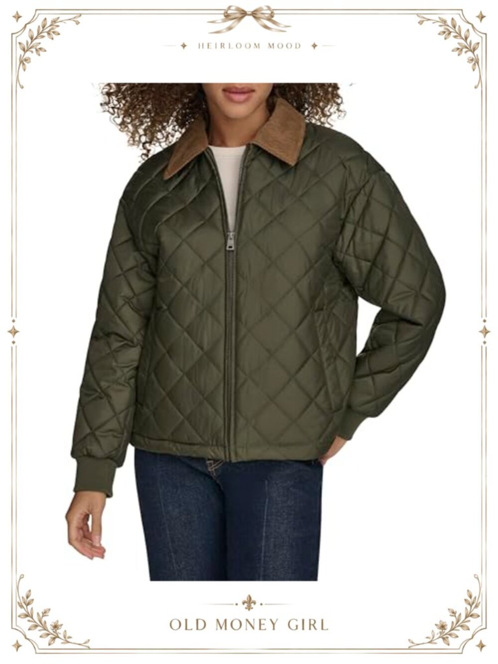 Diamond Quilted Lightweight Jacket With Corduroy Collar Full Zip